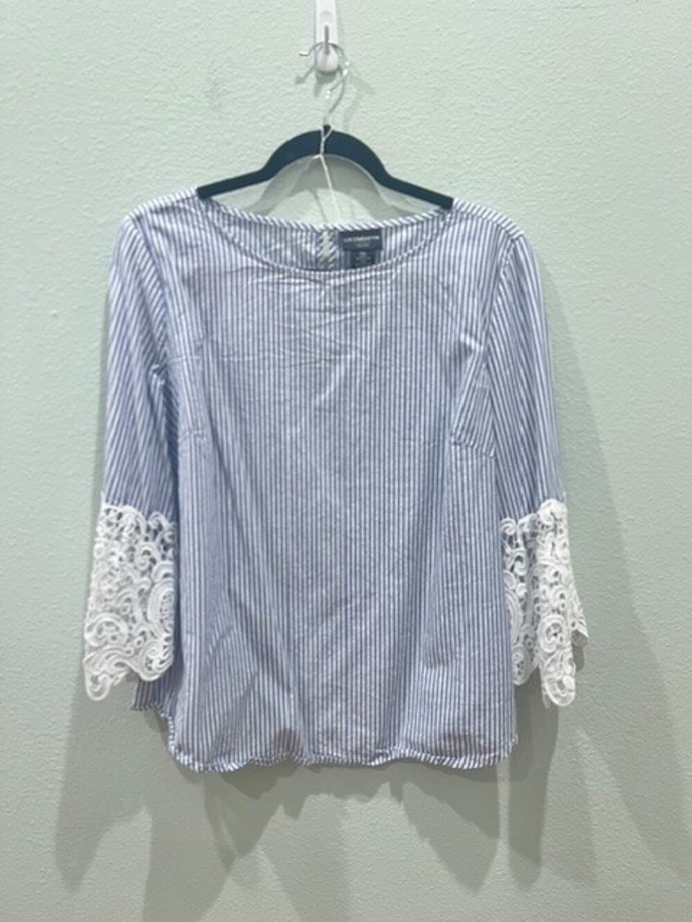 Liz Claiborne Career Blue Striped Blouse w/ Lace accent Angel Sleeves Womens PXL